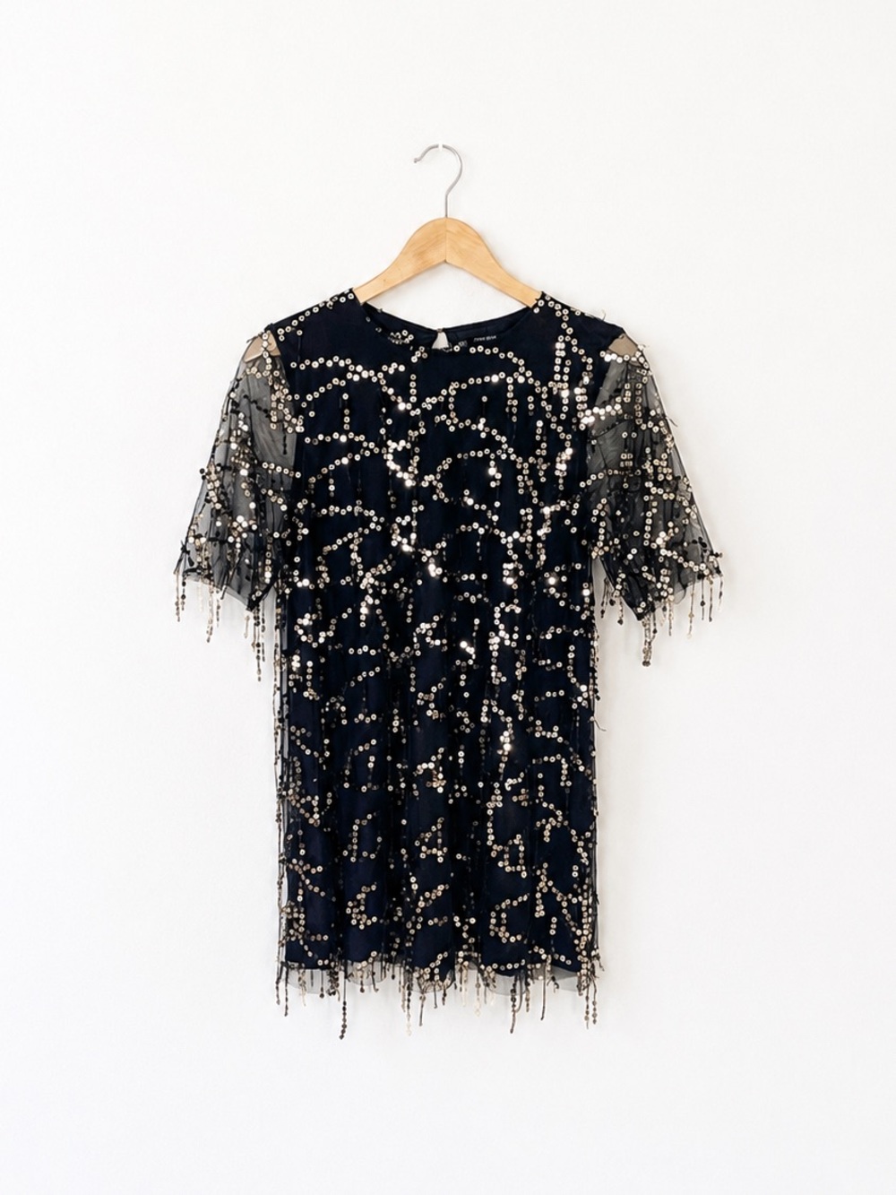 Zara Sequin Fringe Mini Shift Dress Black Medium